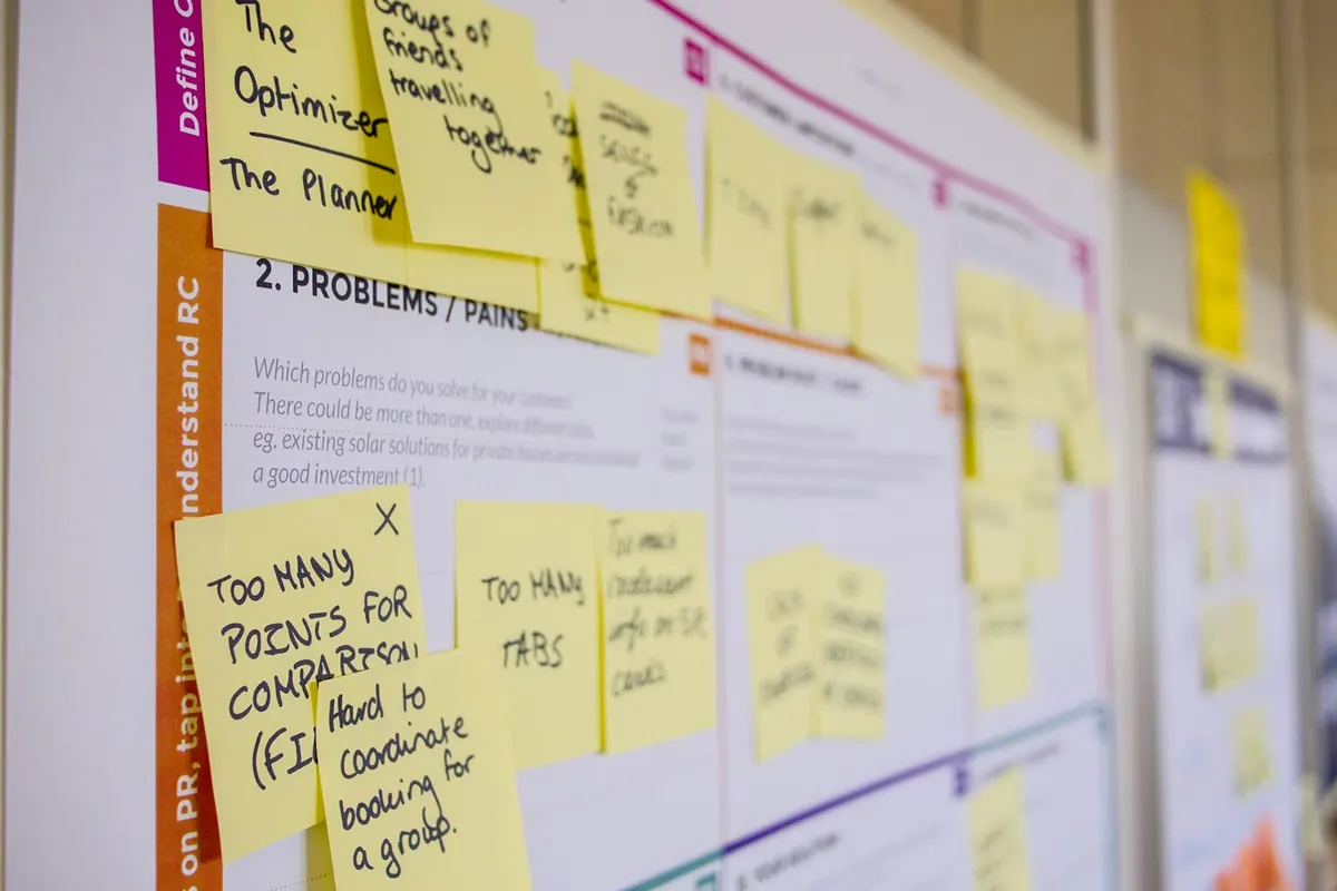 A process canvas built from sticky notes on a wall
